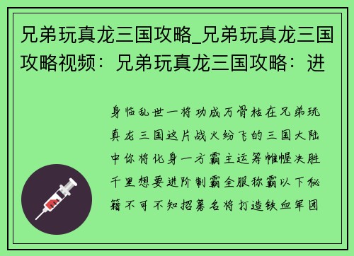 兄弟玩真龙三国攻略_兄弟玩真龙三国攻略视频：兄弟玩真龙三国攻略：进阶制霸，全服称霸