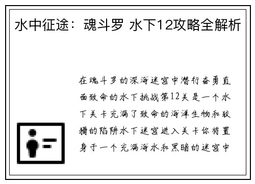 水中征途：魂斗罗 水下12攻略全解析