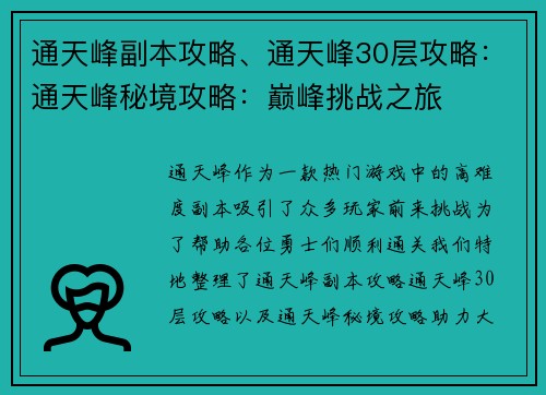 通天峰副本攻略、通天峰30层攻略：通天峰秘境攻略：巅峰挑战之旅